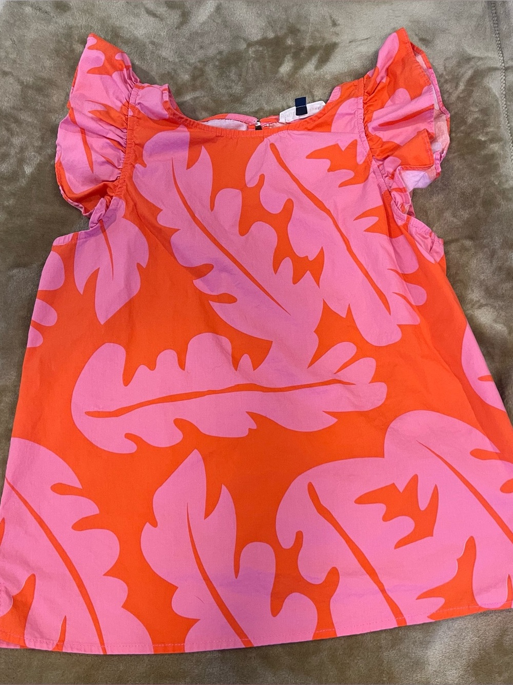 Women's Pink & Orange Leaf Print Flutter Sleeve Top size Small